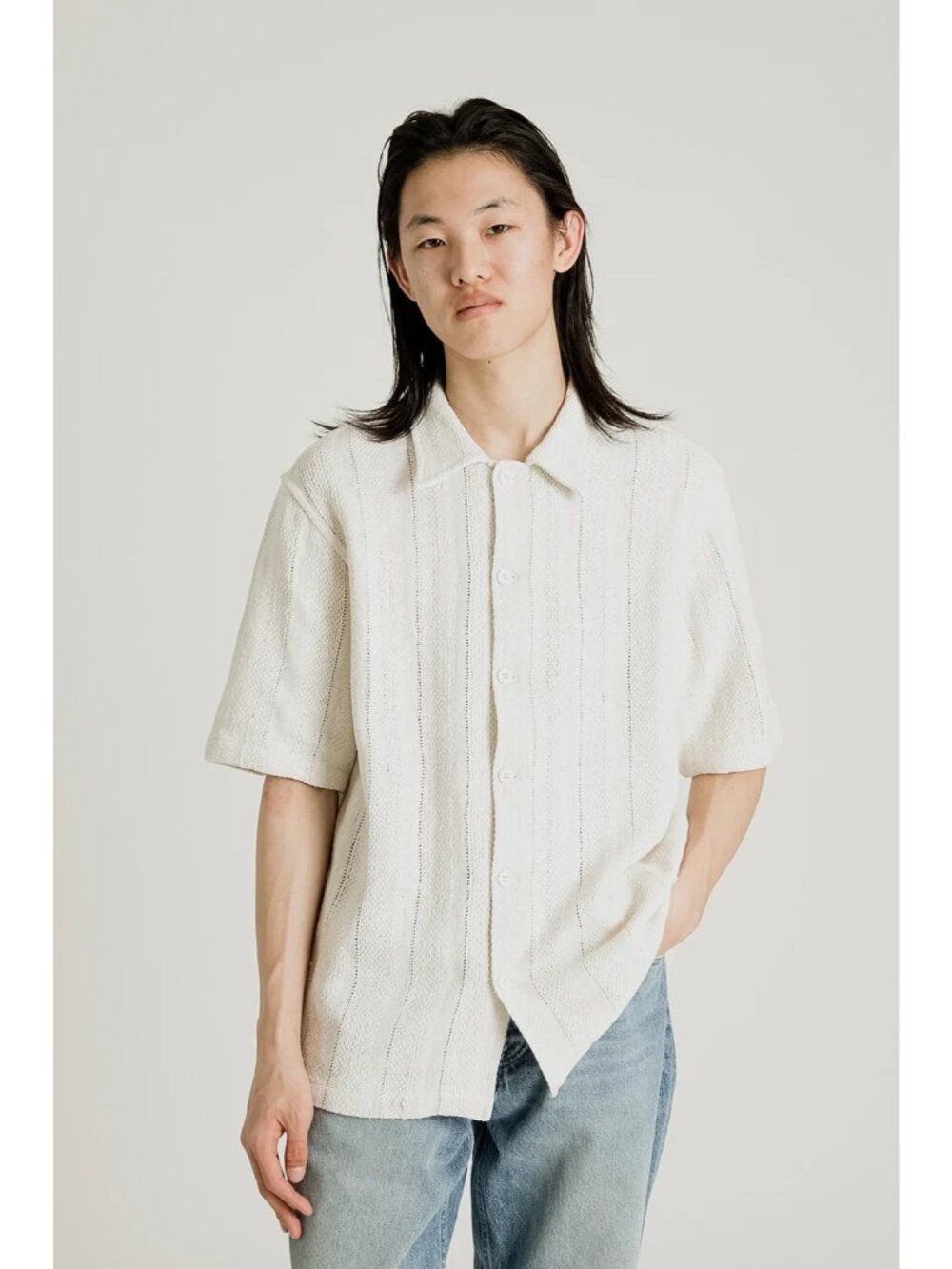 Hello Sunflower SS23 Short Sleeve Spacey Knit Vacation Shirt in Off White Small